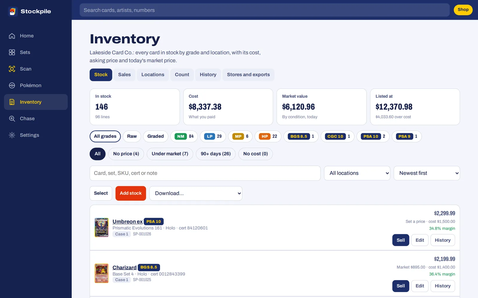 Lakeside Card Co. inventory: 141 cards in stock, cost, market value and listed value
