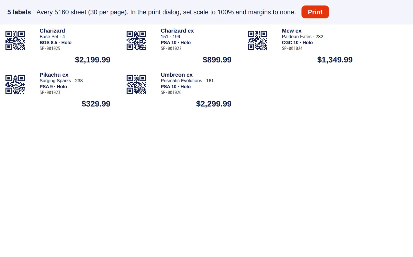 A sheet of price labels with QR codes