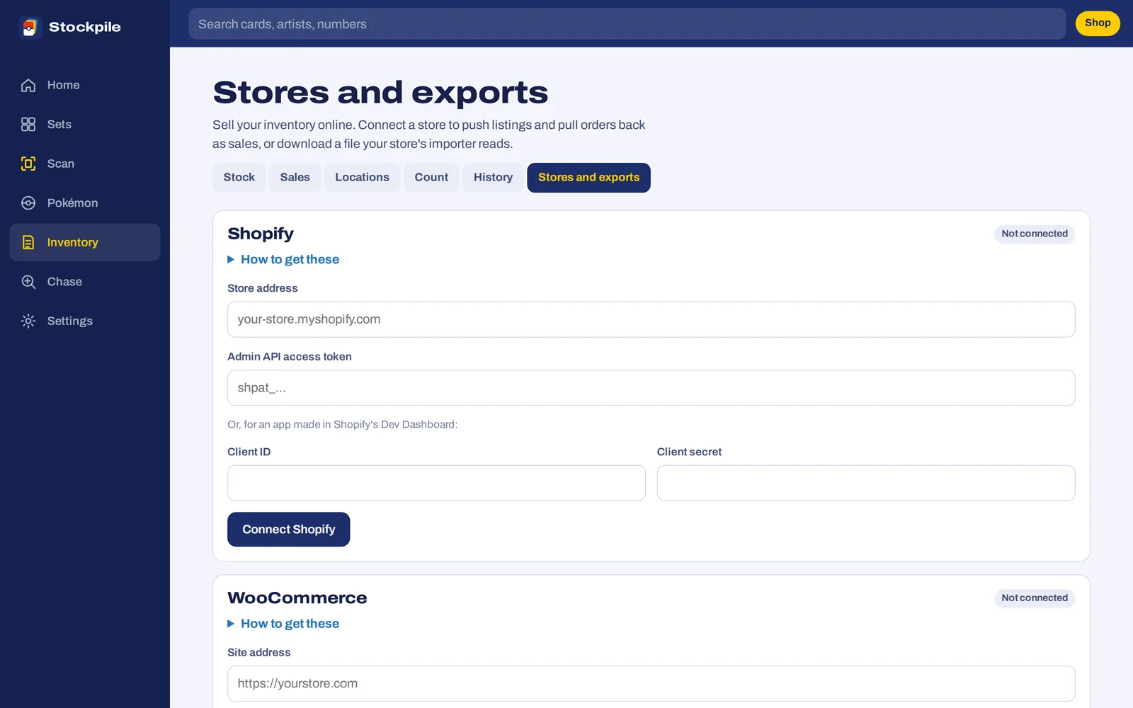Stores and exports: connect Shopify or WooCommerce